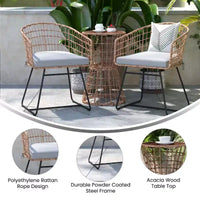 Flash Furniture Devon Ensemble bistro de patio 3 pièces - Chaises en corde de rotin d'intérieur/extérieur, table à plateau en bois d'acacia et coussins d'assise