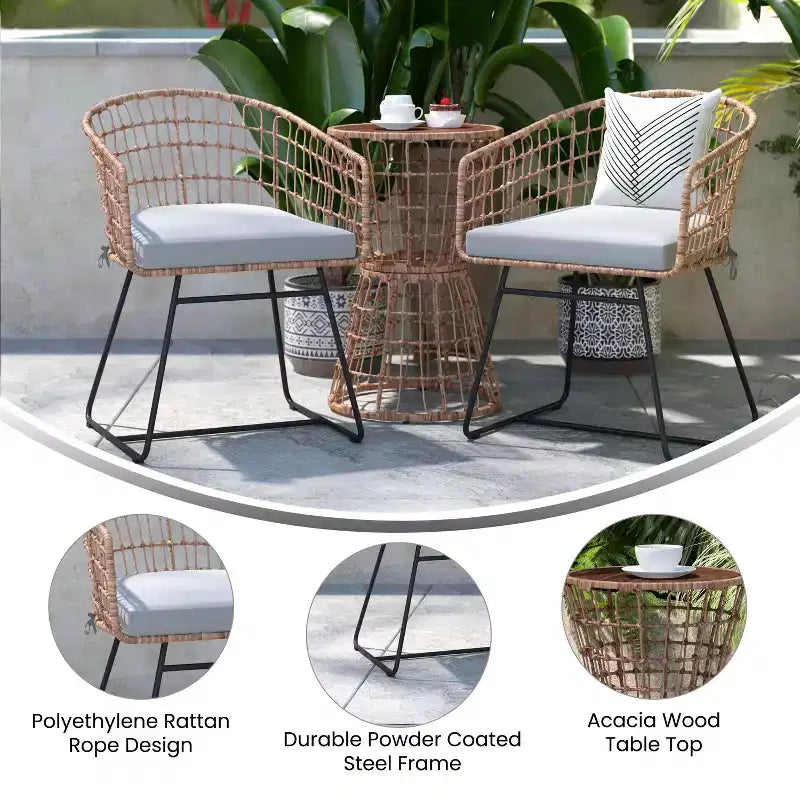 Flash Furniture Devon Ensemble bistro de patio 3 pièces - Chaises en corde de rotin d'intérieur/extérieur, table à plateau en bois d'acacia et coussins d'assise