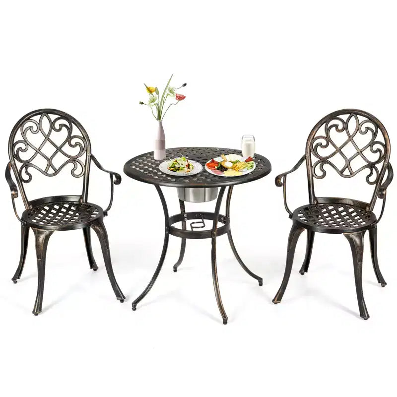 Costway Ensemble Bistro Extérieur 3 Pièces en Aluminium Coulé Motif Feuille avec Finition Cuivre Antique