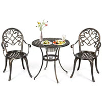 Costway Ensemble Bistro Extérieur 3 Pièces en Aluminium Coulé Motif Feuille avec Finition Cuivre Antique
