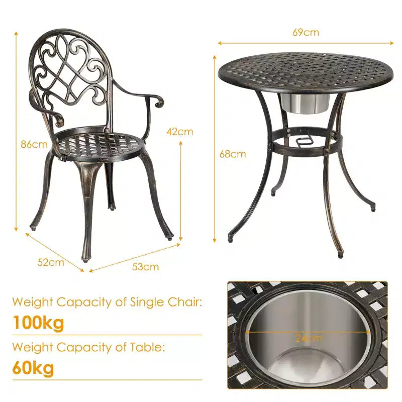 Costway Ensemble Bistro Extérieur 3 Pièces en Aluminium Coulé Motif Feuille avec Finition Cuivre Antique