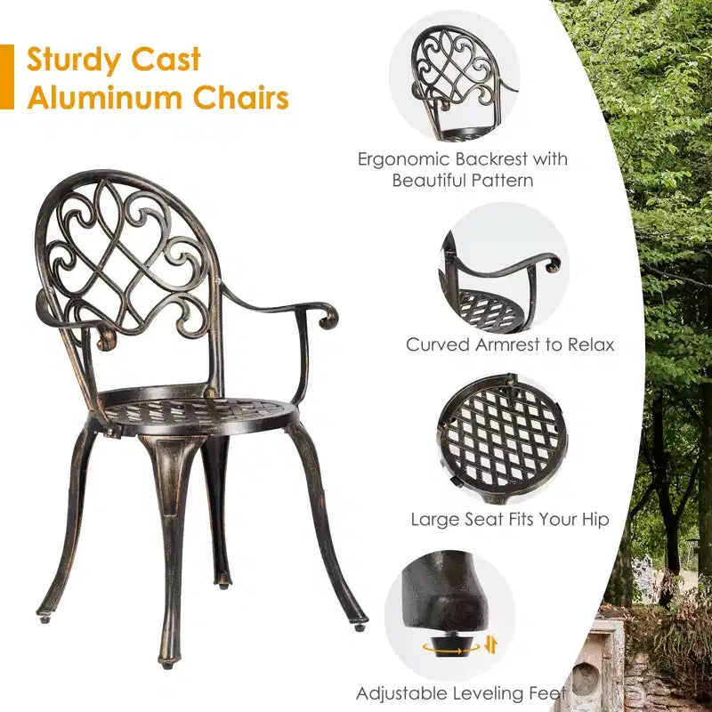Costway Ensemble Bistro Extérieur 3 Pièces en Aluminium Coulé Motif Feuille avec Finition Cuivre Antique