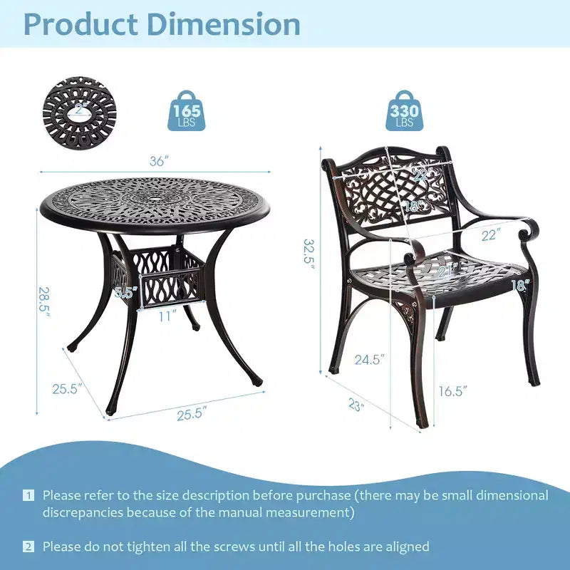 Costway Ensemble bistrot de jardin 3 pièces en aluminium moulé avec table ronde et chaises