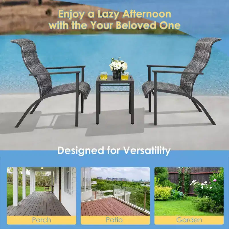 Costway Ensemble bistro de patio 3 pièces en rotin, dossier haut accoudoir table d'appoint, gris mix\marron mix