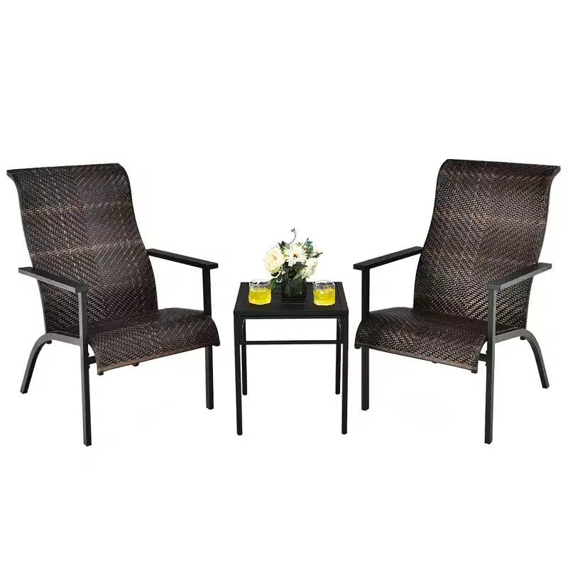 Costway Ensemble bistro de patio 3 pièces en rotin, dossier haut accoudoir table d'appoint, gris mix\marron mix