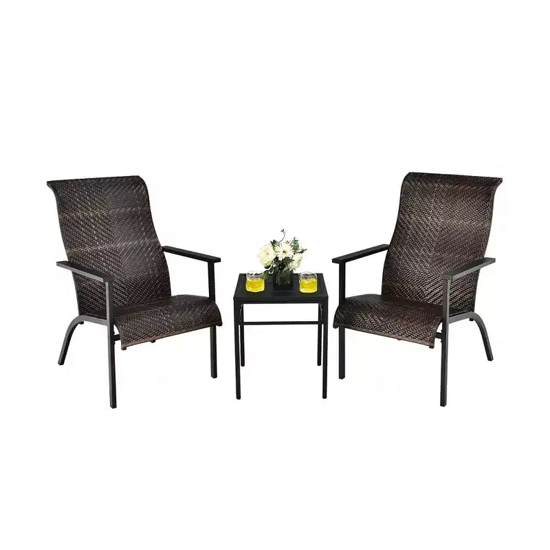 Costway Ensemble bistro de patio 3 pièces en rotin, dossier haut accoudoir table d'appoint, gris mix\marron mix