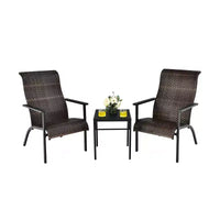 Costway Ensemble bistro de patio 3 pièces en rotin, dossier haut accoudoir table d'appoint, gris mix\marron mix
