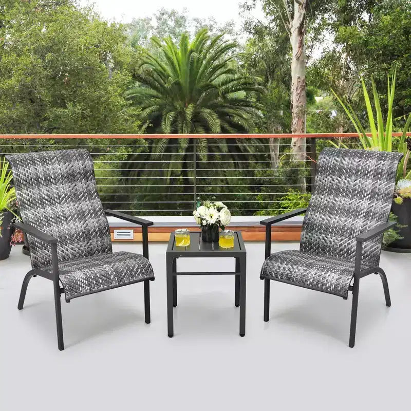 Costway Ensemble bistro de patio 3 pièces en rotin, dossier haut accoudoir table d'appoint, gris mix\marron mix
