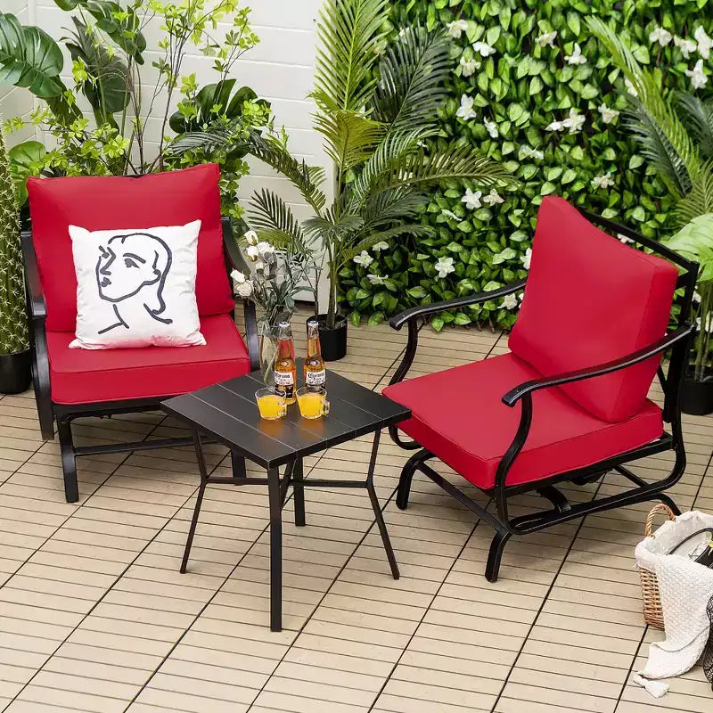 Costway Ensemble bistro de jardin 3 pièces avec fauteuils à bascule, coussins, accoudoirs et table d'appoint rouge