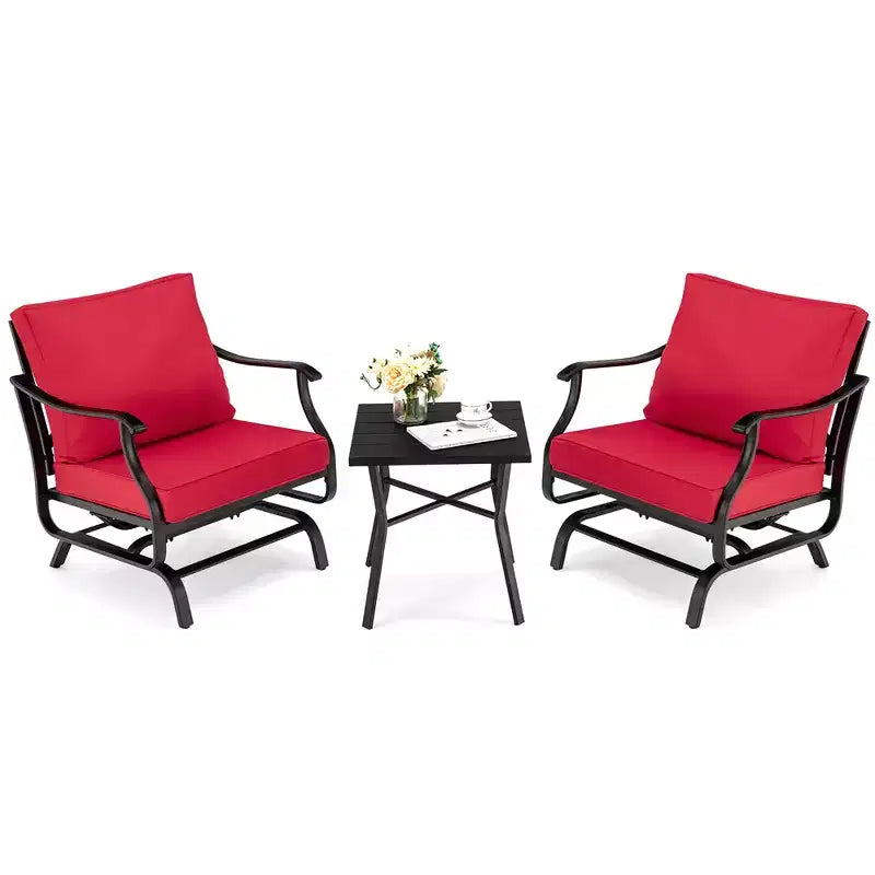Costway Ensemble bistro de jardin 3 pièces avec fauteuils à bascule, coussins, accoudoirs et table d'appoint rouge