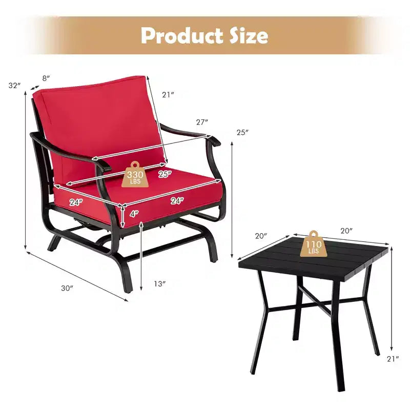 Costway Ensemble bistro de jardin 3 pièces avec fauteuils à bascule, coussins, accoudoirs et table d'appoint rouge