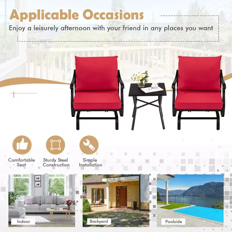 Costway Ensemble bistro de jardin 3 pièces avec fauteuils à bascule, coussins, accoudoirs et table d'appoint rouge
