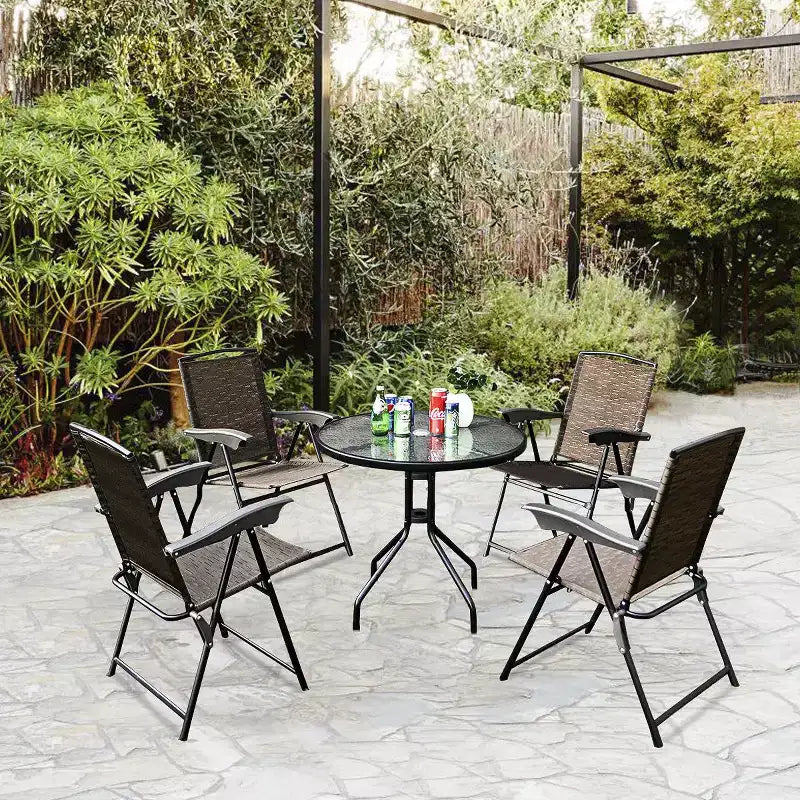 Costway Ensemble de Meubles de Bistro d'Extérieur 5 Pièces, Table en Verre avec 4 Chaises Pliantes Réglables