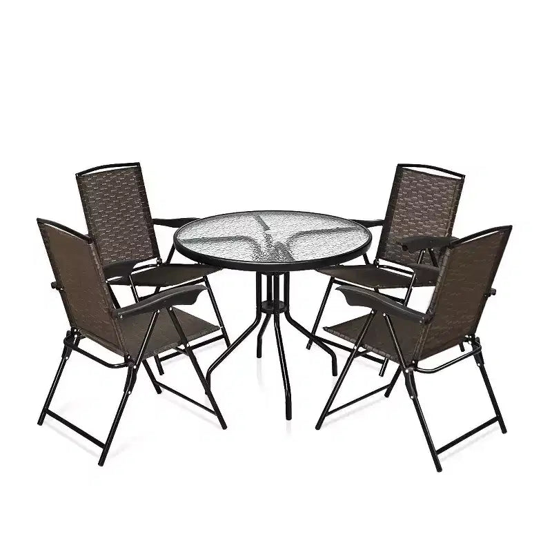 Costway Ensemble de Meubles de Bistro d'Extérieur 5 Pièces, Table en Verre avec 4 Chaises Pliantes Réglables