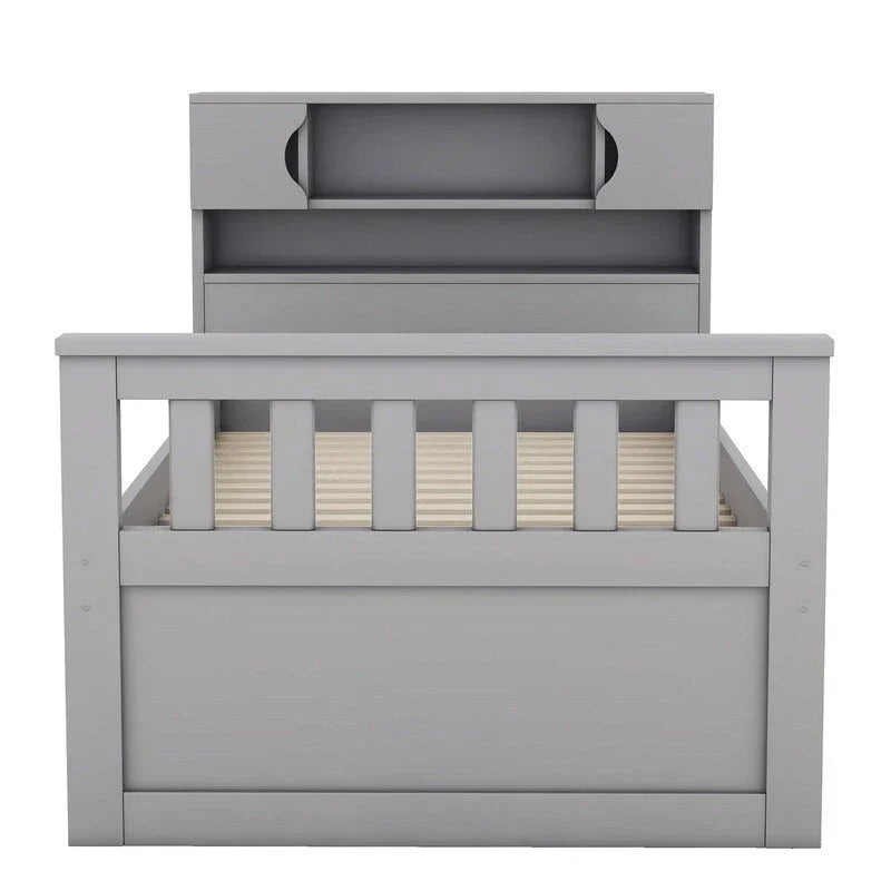 Lit plateforme capitaine double/grand avec 4 tiroirs et étagères de rangement, cadre de lit en bois massif avec tête de lit bibliothèque de rangement