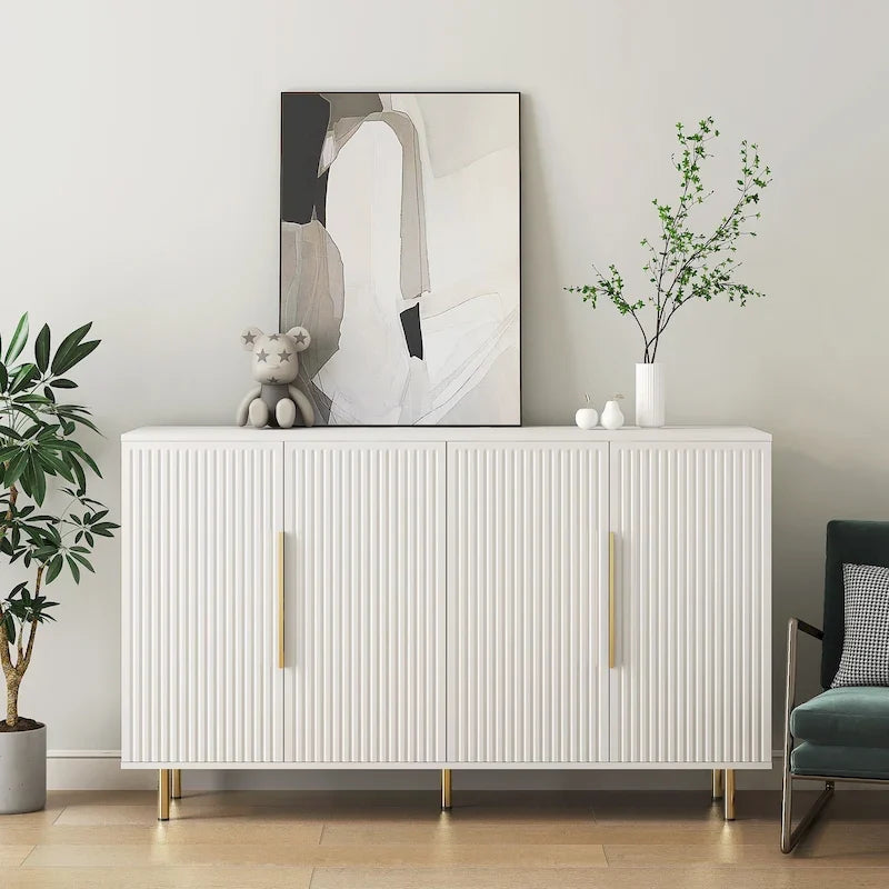 Meuble buffet à portes décoratives cannelées, buffet en bois avec poignées métalliques, armoire de rangement avec étagères réglables