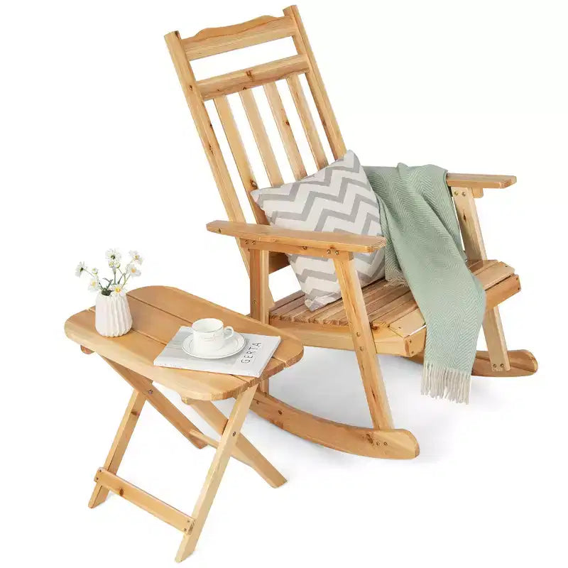 Costway Ensemble de bistro 2 chaises berçantes de patio en bois avec table d'appoint pliante à dossier haut
