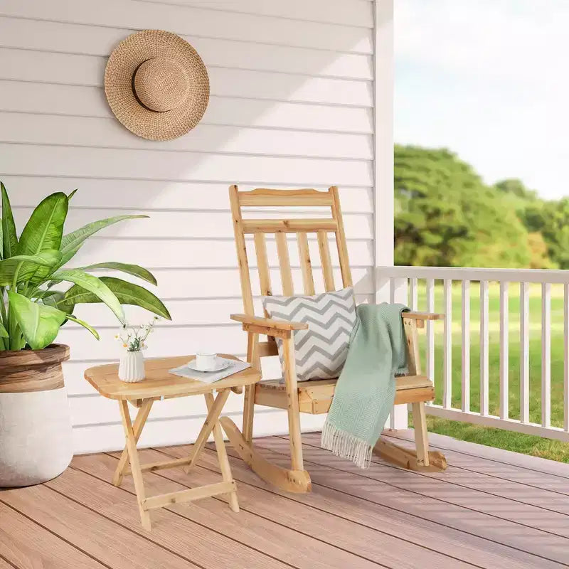 Costway Ensemble de bistro 2 chaises berçantes de patio en bois avec table d'appoint pliante à dossier haut