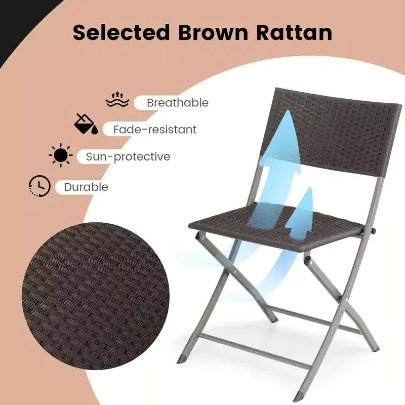Costway Ensemble bistro de terrasse pliant en rotin 3 pièces, chaises à dossier, table, jardin, terrasse
