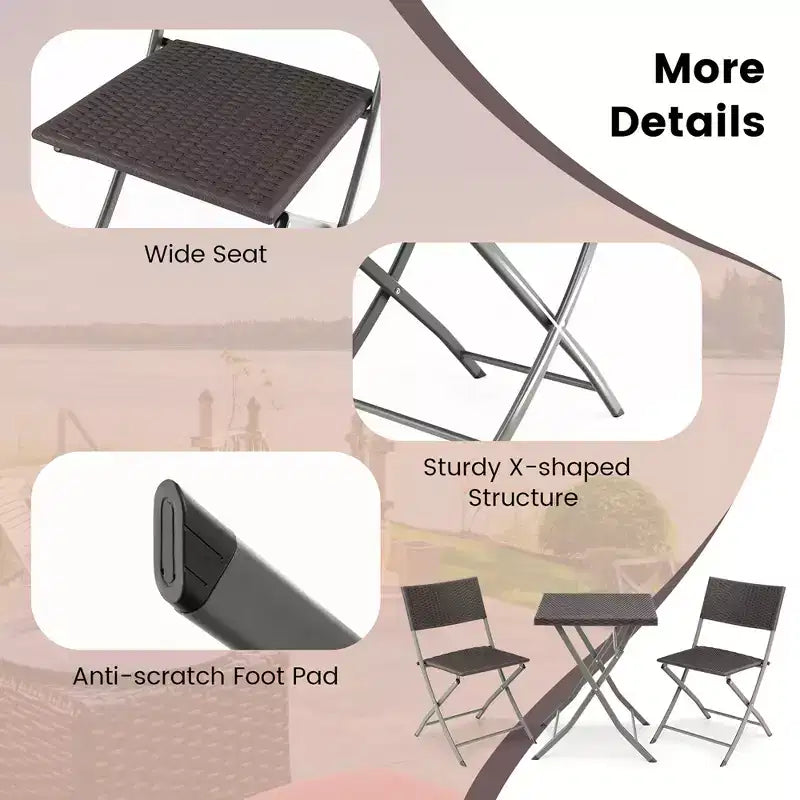 Costway Ensemble bistro de terrasse pliant en rotin 3 pièces, chaises à dossier, table, jardin, terrasse