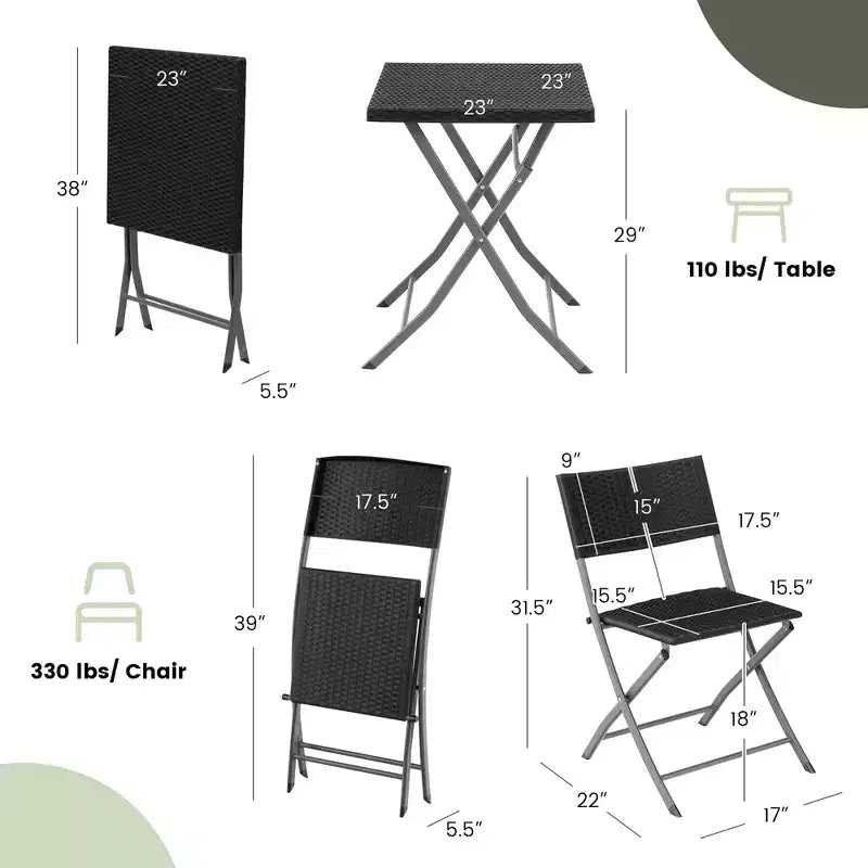 Costway Ensemble bistro de terrasse pliant en rotin 3 pièces, chaises à dossier, table, jardin, terrasse