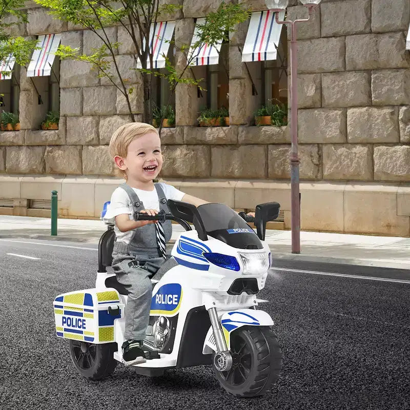 Moto électrique 6 V pour enfants Costway, moto de police à 3 roues avec phares et sirène clignotante, blanc