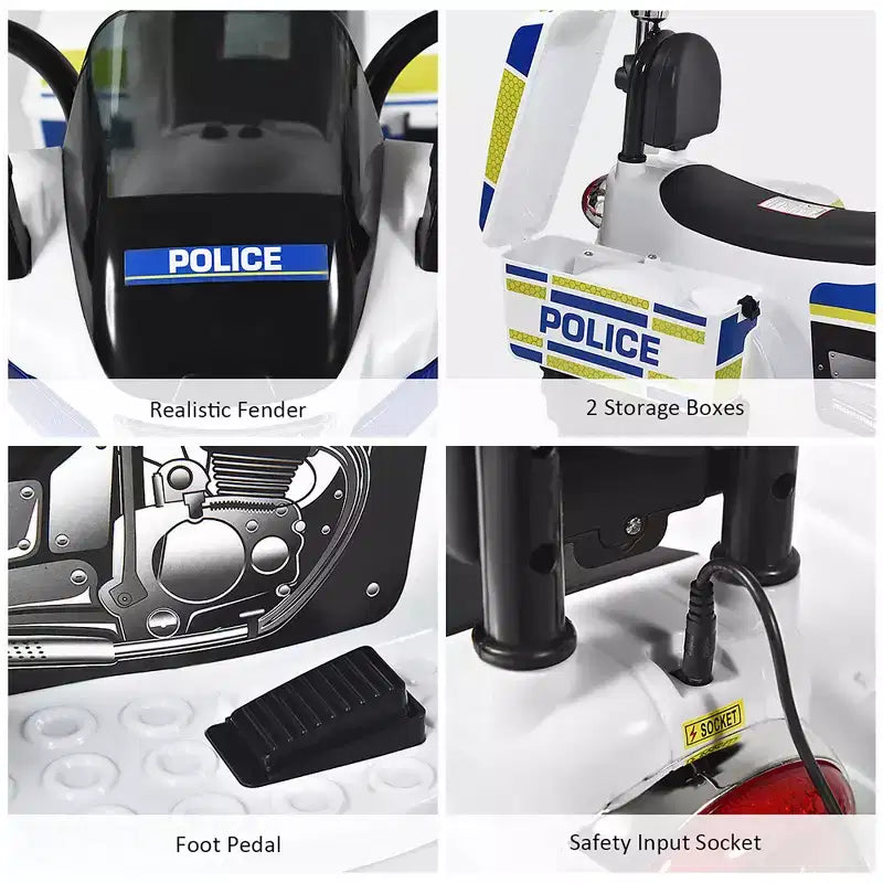 Moto électrique 6 V pour enfants Costway, moto de police à 3 roues avec phares et sirène clignotante, blanc