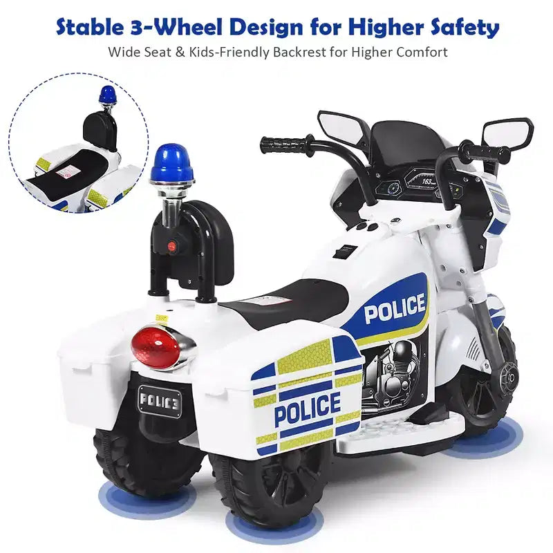 Moto électrique 6 V pour enfants Costway, moto de police à 3 roues avec phares et sirène clignotante, blanc