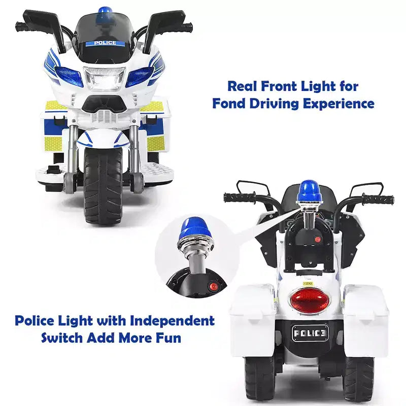 Moto électrique 6 V pour enfants Costway, moto de police à 3 roues avec phares et sirène clignotante, blanc