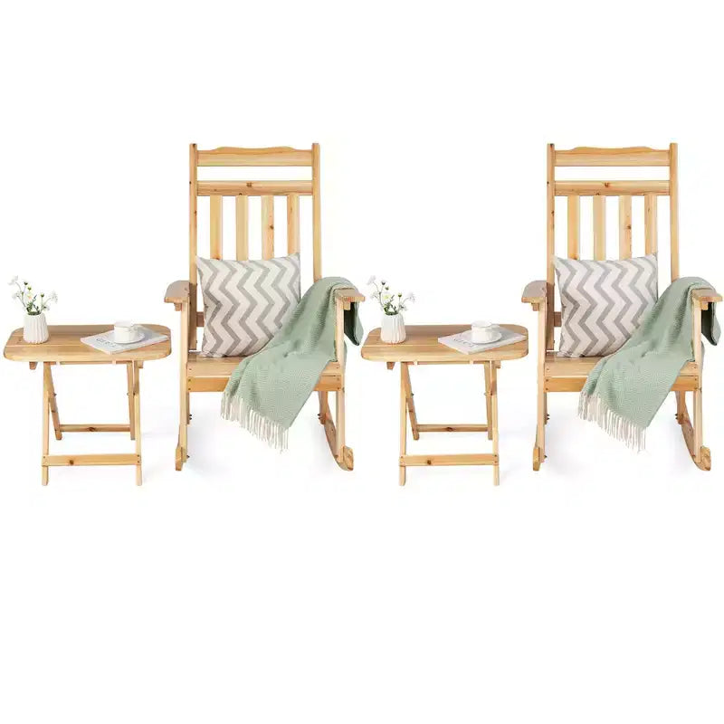 Costway Lot de 4 chaises à bascule en bois pour patio, dossier haut, avec table d'appoint pliante