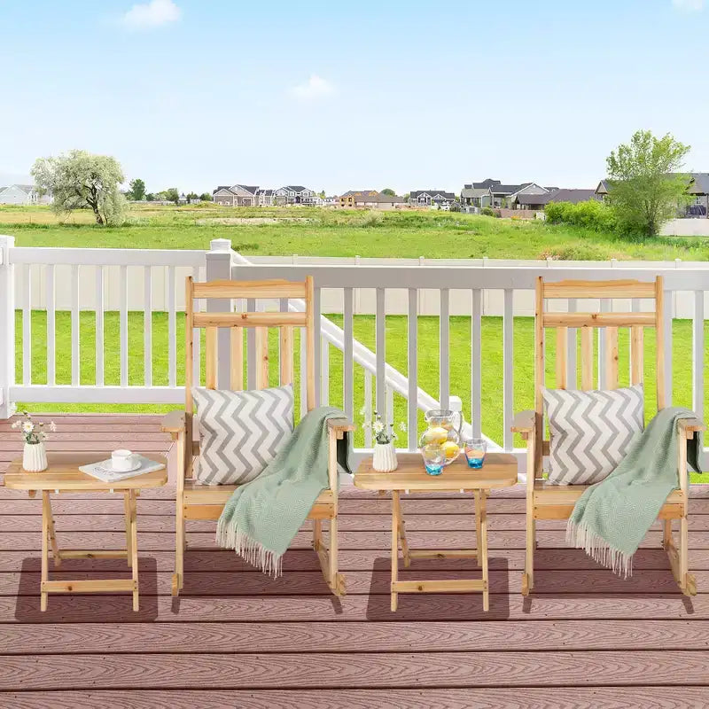 Costway Lot de 4 chaises à bascule en bois pour patio, dossier haut, avec table d'appoint pliante
