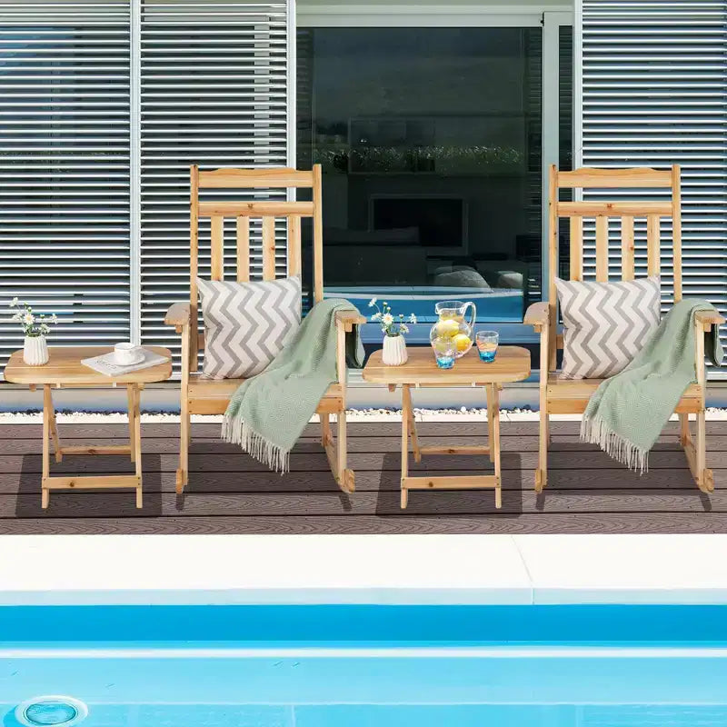 Costway Lot de 4 chaises à bascule en bois pour patio, dossier haut, avec table d'appoint pliante