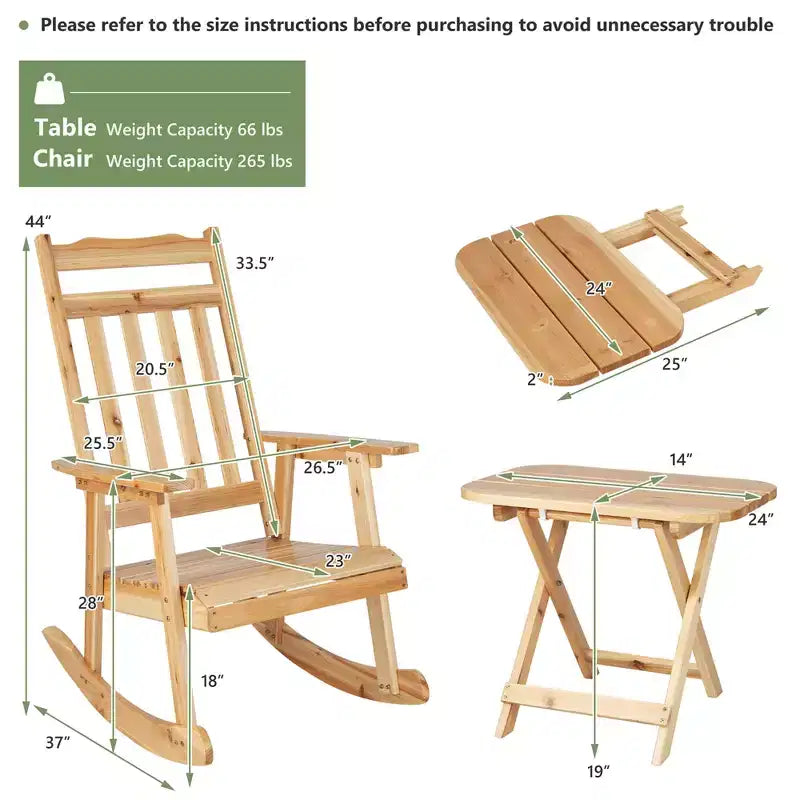 Costway Lot de 4 chaises à bascule en bois pour patio, dossier haut, avec table d'appoint pliante