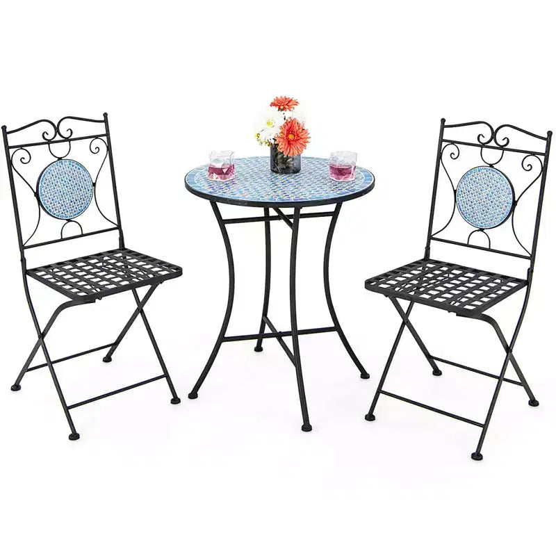 Costway Salon de Jardin 3 Pièces Style Bistro Mosaïque Meubles d'Extérieur Table et Chaises Résistant aux Intempéries