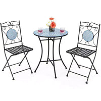 Costway Salon de Jardin 3 Pièces Style Bistro Mosaïque Meubles d'Extérieur Table et Chaises Résistant aux Intempéries