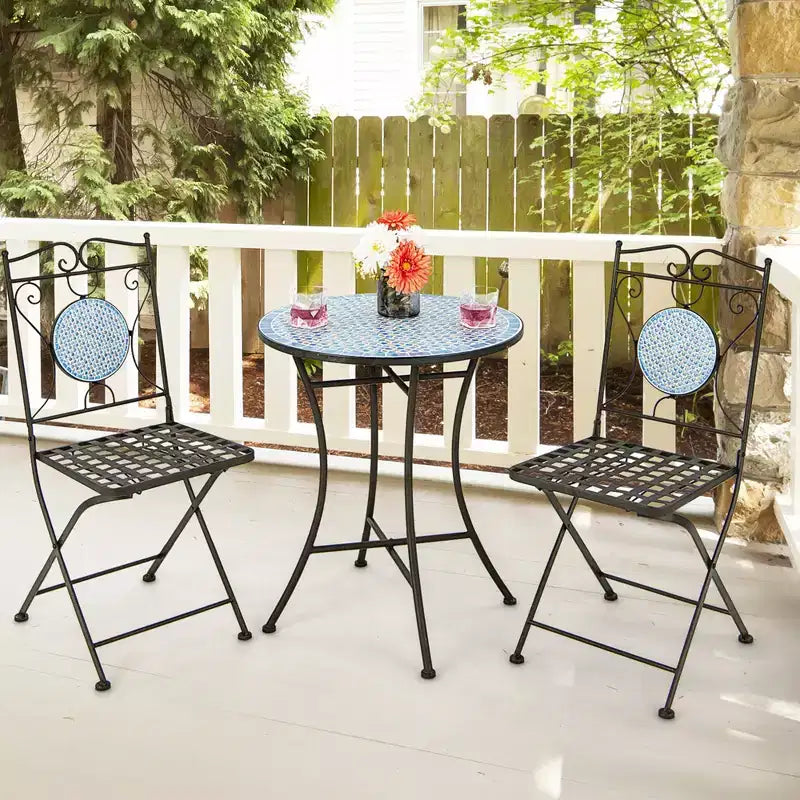 Costway Salon de Jardin 3 Pièces Style Bistro Mosaïque Meubles d'Extérieur Table et Chaises Résistant aux Intempéries