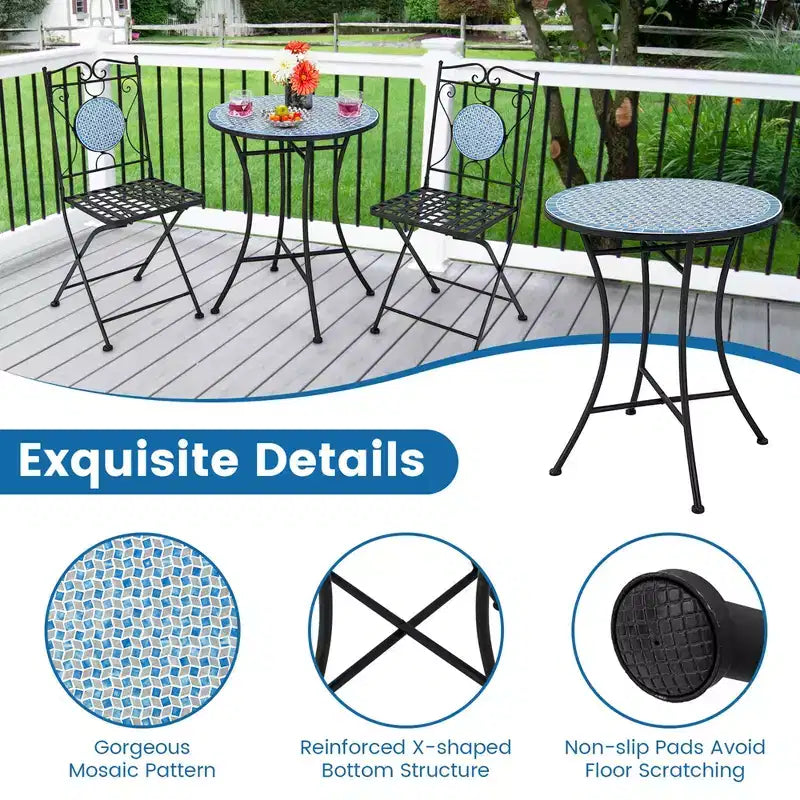 Costway Salon de Jardin 3 Pièces Style Bistro Mosaïque Meubles d'Extérieur Table et Chaises Résistant aux Intempéries