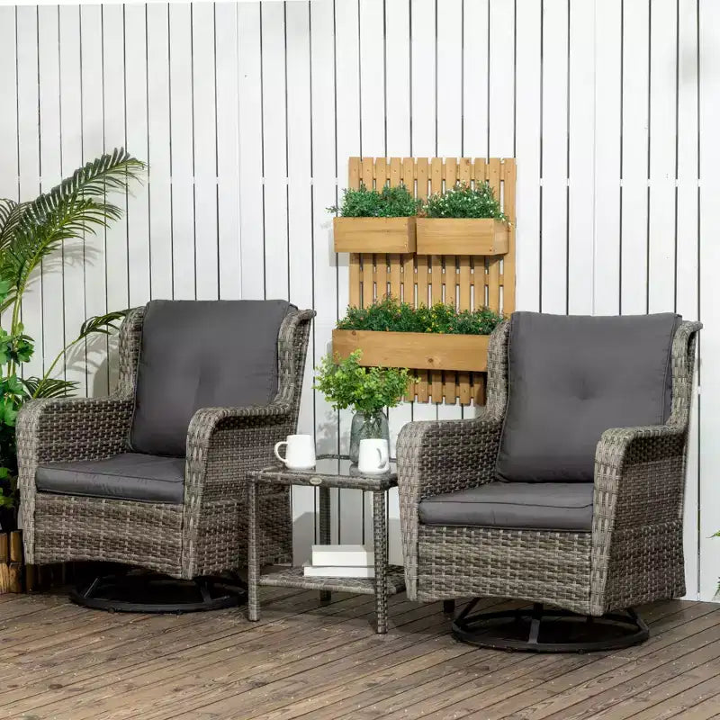 Outsunny Ensemble bistro de terrasse 3 pièces, mobilier d'extérieur en rotin PE tressé, coussins moelleux, 2 fauteuils à bascule pivotants à 360°, table basse à 2 niveaux