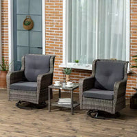 Outsunny Ensemble bistro de terrasse 3 pièces, mobilier d'extérieur en rotin PE tressé, coussins moelleux, 2 fauteuils à bascule pivotants à 360°, table basse à 2 niveaux