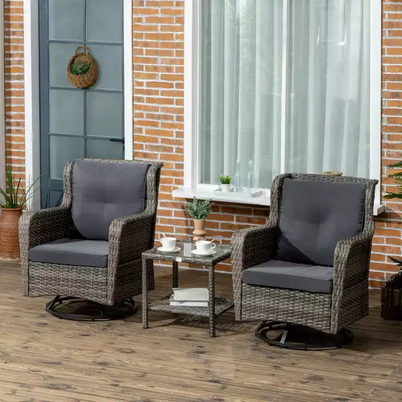 Outsunny Ensemble bistro de terrasse 3 pièces, mobilier d'extérieur en rotin PE tressé, coussins moelleux, 2 fauteuils à bascule pivotants à 360°, table basse à 2 niveaux