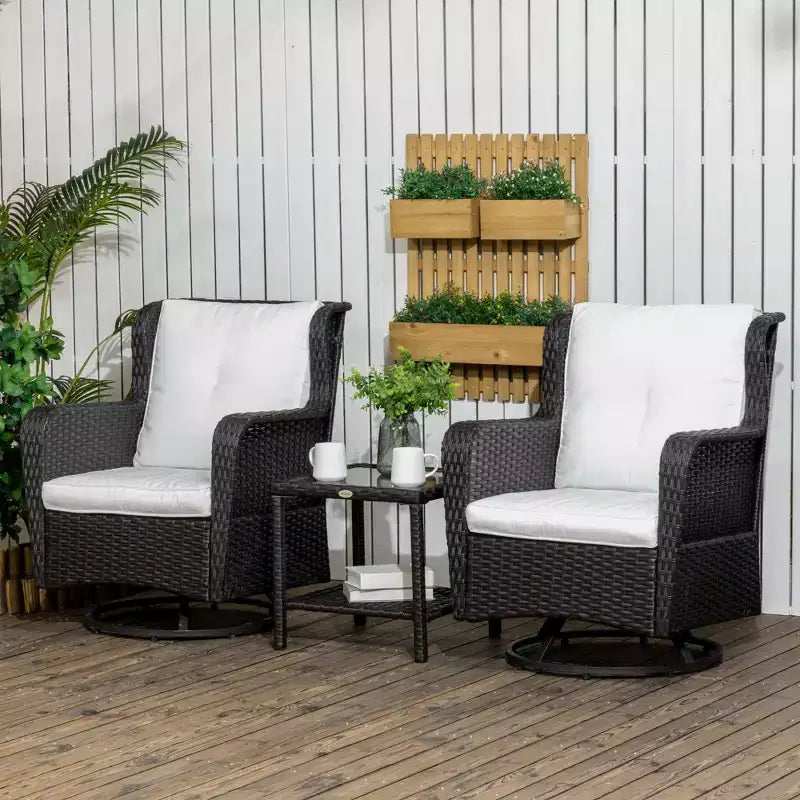 Outsunny Ensemble bistro de terrasse 3 pièces, mobilier d'extérieur en rotin PE tressé, coussins moelleux, 2 fauteuils à bascule pivotants à 360°, table basse à 2 niveaux