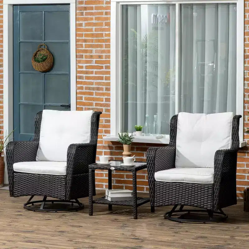 Outsunny Ensemble bistro de terrasse 3 pièces, mobilier d'extérieur en rotin PE tressé, coussins moelleux, 2 fauteuils à bascule pivotants à 360°, table basse à 2 niveaux