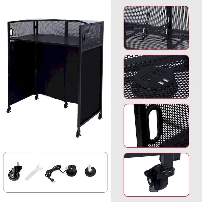 Ensemble de table de cabine DJ portable avec éclairage intégré, étui de transport robuste et dimensions compactes 40x20 pouces