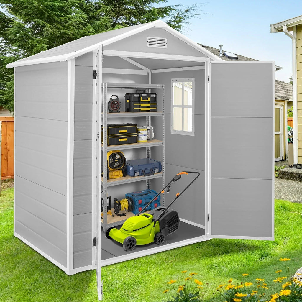Abri de rangement extérieur en résine tout temps 6 pi x 4 pi/6 pi x 8 pi/8 pi x 6 pi/8 pi x 10 pi avec plancher, abri à outils Spire