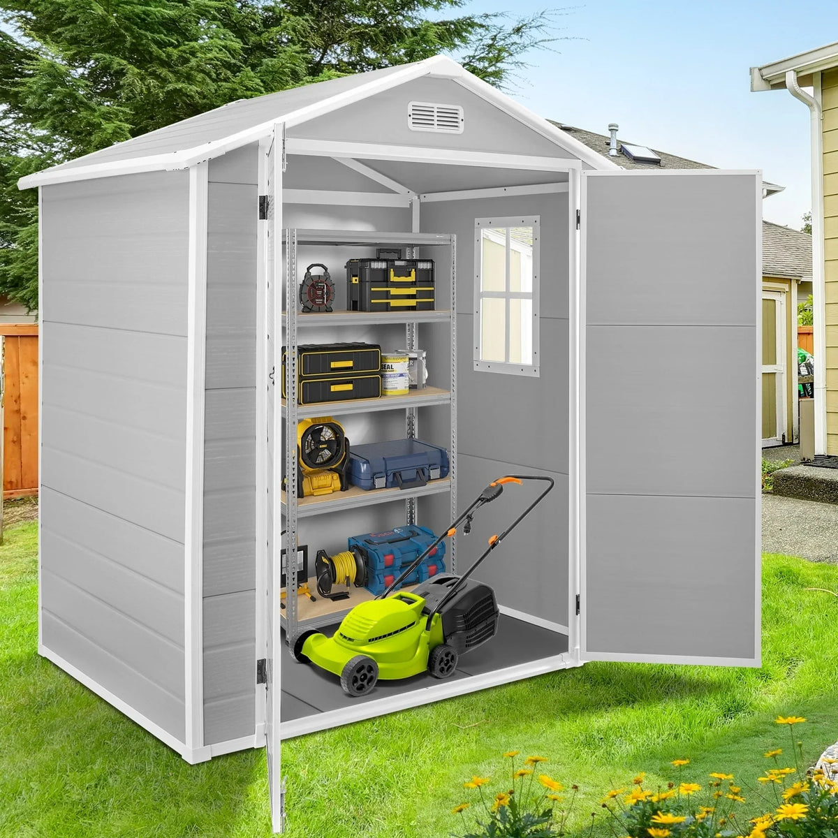 Abri de rangement extérieur en résine tout temps 6 pi x 4 pi/6 pi x 8 pi/8 pi x 6 pi/8 pi x 10 pi avec plancher, abri à outils Spire