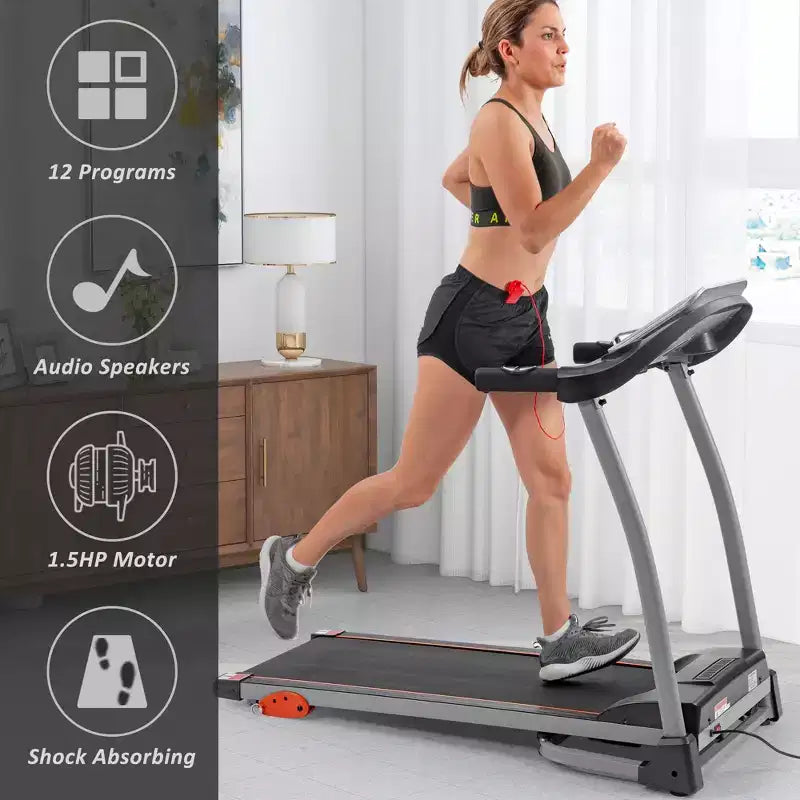 Tapis roulant pliable compact électrique réglable de 1,5 CV avec support d'équipement, capteur de pouls et 3 niveaux d'inclinaison - ModernLuxe
