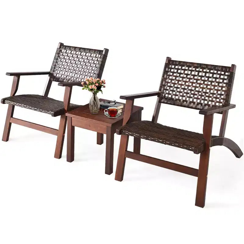 Costway Ensemble de Meubles de Patio en Rotin 3 pièces, Cadre en Bois d'Eucalyptus Massif, Ensemble Bistro avec Table Basse, Salon de Jardin (Marron)