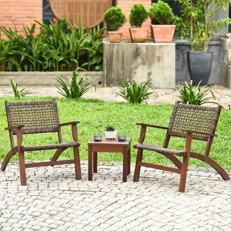 Costway Ensemble de Meubles de Patio en Rotin 3 pièces, Cadre en Bois d'Eucalyptus Massif, Ensemble Bistro avec Table Basse, Salon de Jardin (Marron)