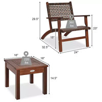 Costway Ensemble de Meubles de Patio en Rotin 3 pièces, Cadre en Bois d'Eucalyptus Massif, Ensemble Bistro avec Table Basse, Salon de Jardin (Marron)