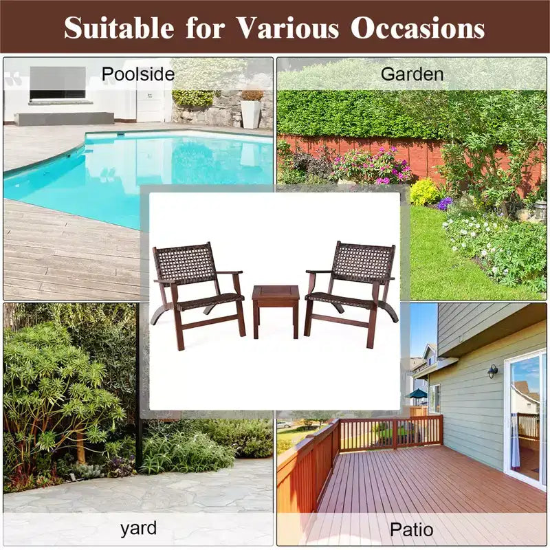 Costway Ensemble de Meubles de Patio en Rotin 3 pièces, Cadre en Bois d'Eucalyptus Massif, Ensemble Bistro avec Table Basse, Salon de Jardin (Marron)